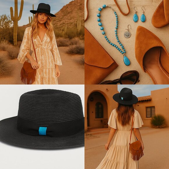 House of Hatters x Cholla Collaboration | Black Raffia Straw Hat with Turquoise main image 12